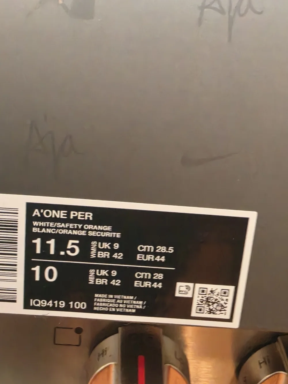 Nike A'One Per White and Safety Orange Box Label Art